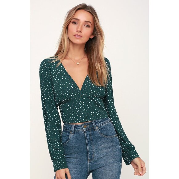 Lulus Women's L Love Always Forest Green Polka Dot Long Sleeve‎ Crop Top Cropped - Picture 1 of 10